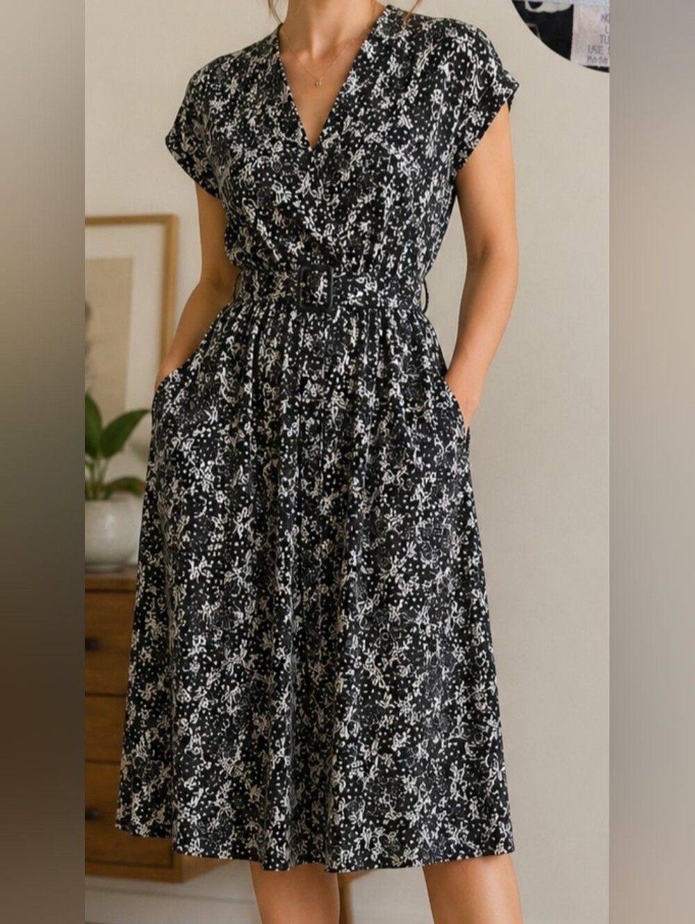 Vintage Meryl Fashions Ltd Black White Floral Midi Dress Belted USA Made Size 16